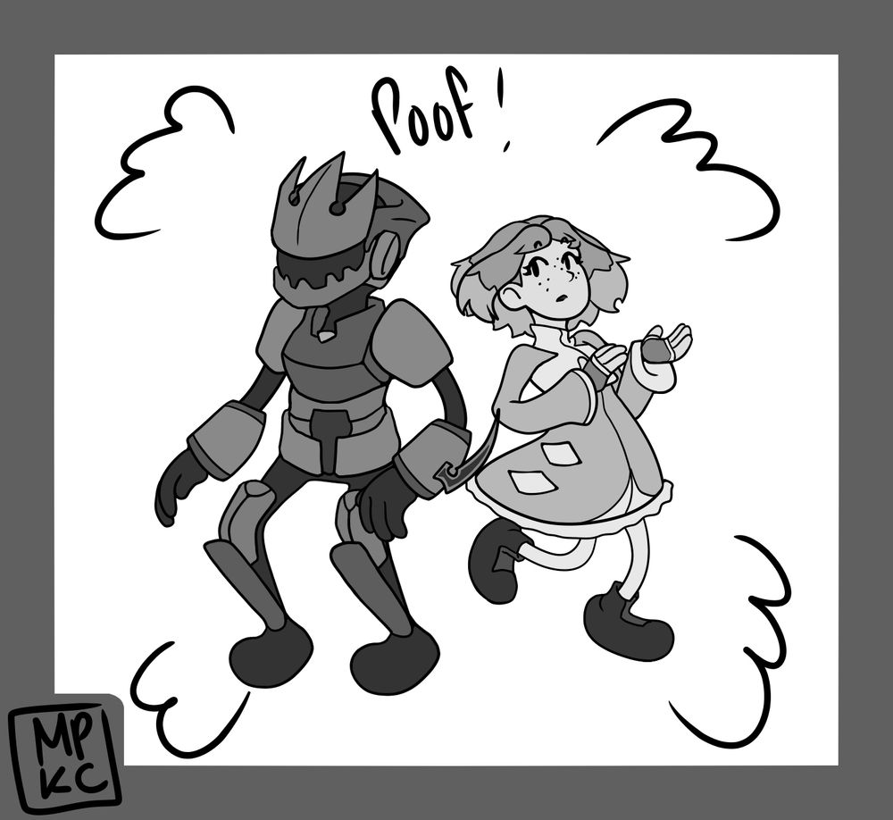 The Armor and Fidelia are poofed and turned into a cartoon style of themselves when entering the Timeless River world from Kingdom Hearts.