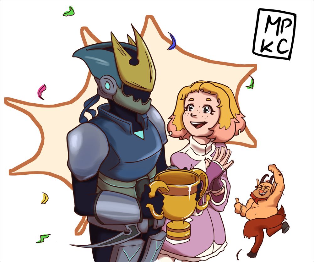 Two keyblade wielders winning a trophy from the Olympus Coliseum. Phil is cheering in the background.