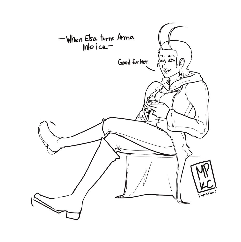 A women (Larxene) sits and leans back with her legs crossed. She's holding a cupcake and saying "Good for her." in text.