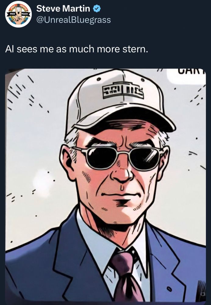 A screenshot of a tweet from UnrealBluegrass containing an AI slop image of a man strongly resembling Steve Martin wearing a suit and tie, sunglasses and white hat with garbled letters. 