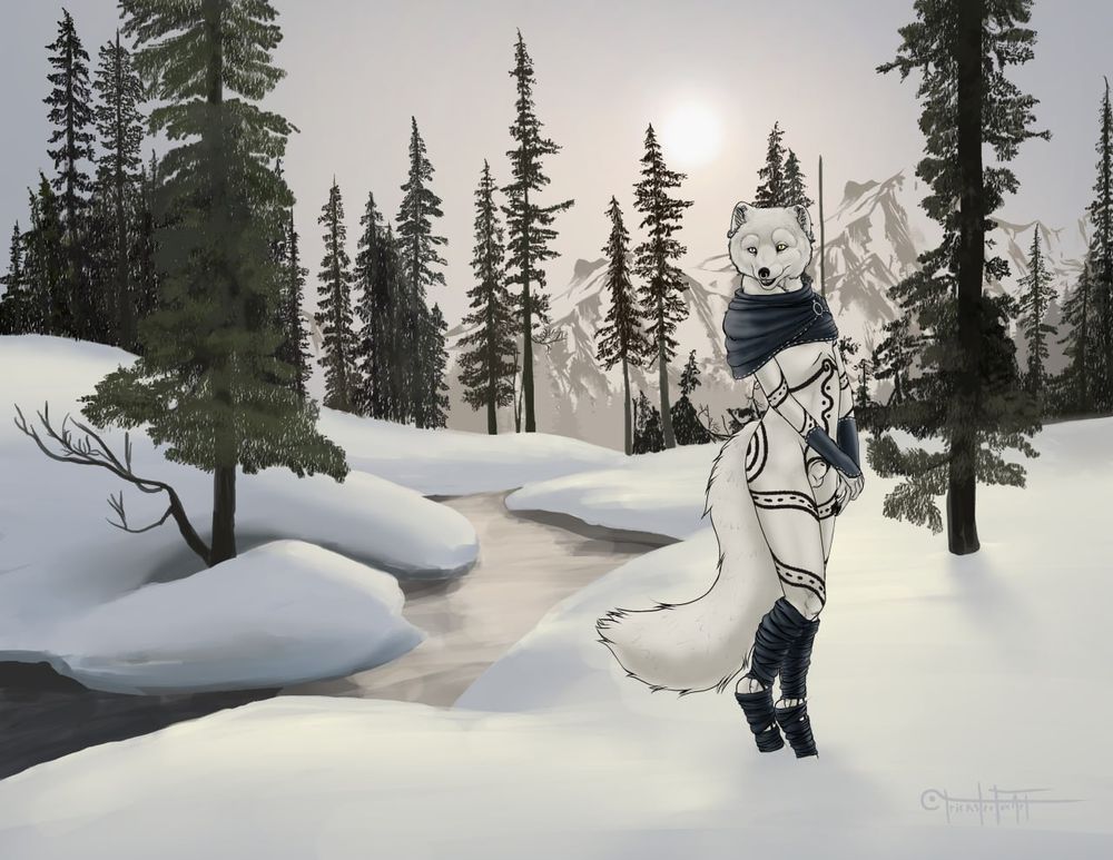 A mostly nude anthro Arctic fox stands in snow beside an icy river