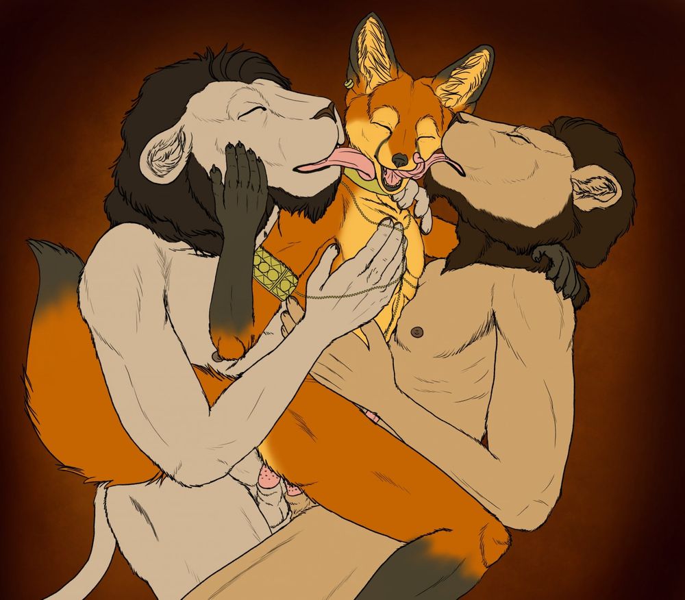 A small anthro fox is sandwiched between two lions, both licking him affectionately while he takes both under his tail