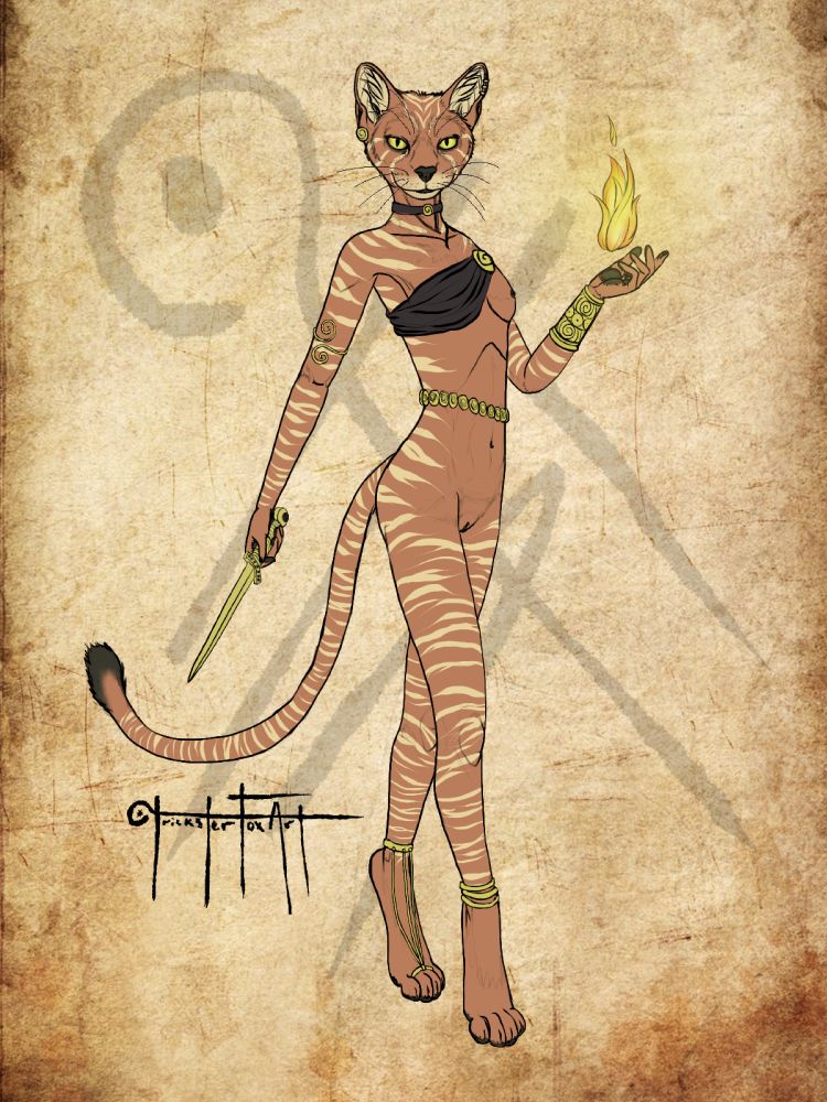A khajiit fire/illusionist is almost completely naked, and is holding a gold dagger and a small flame