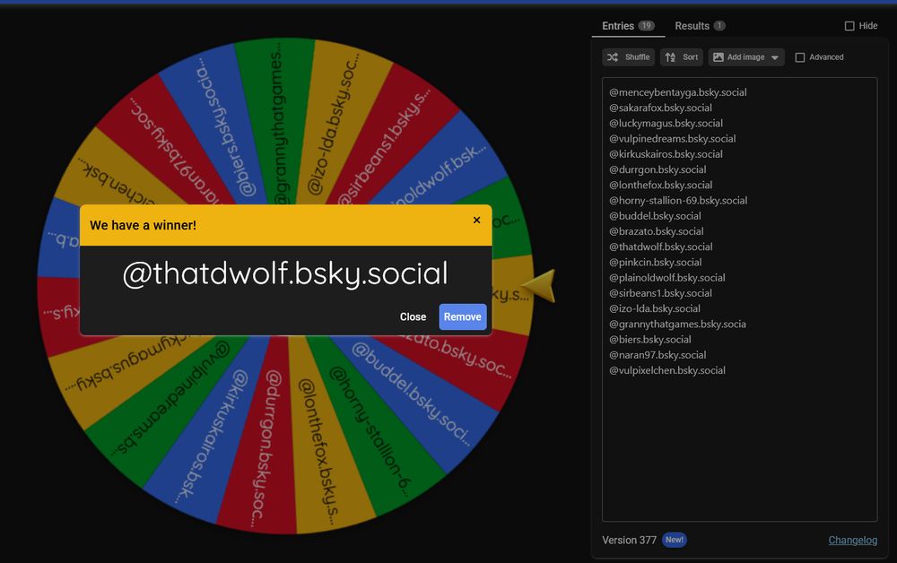 screenshot of raffle wheel showing first winner