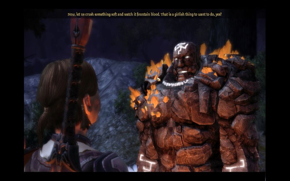 A cutscene with Shale. Shale says: Now, let us crush something soft and watch it fountain blood. That is a girlish thing to want to do, yes?