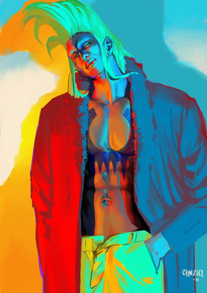Digital painting of Barto. He is lit from the left in deep yellow light and from the right in a pale blue, staring out at the viewer with a neutral expression. The colorful light plays across his features and coat creating a warm side and cool side to the portrait with yellow and blue shadows cast on the pale wall behind him. His hair is even bigger than in canon, sticking straight up until it curves from its own weight as he cocks his head to the left. He has an additional piercing; a stud below his bottom lip, and pale green body hair shows across his chest and stomach. He is much more tan and muscular in this version, as well as broad shouldered. He stands with one hand in his pants pocket. The pants are slightly open, as if an afterthought.