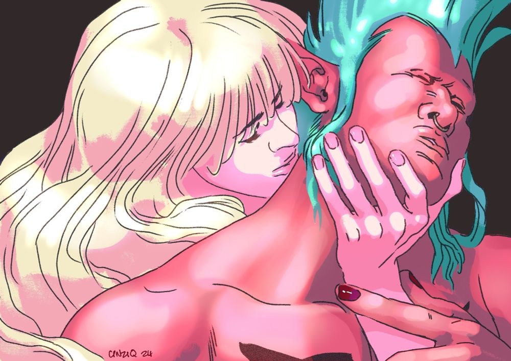 Cav holds Barto’s chin to the side so he can press his lips to Barto’s neck. Barto scrunches up his face and holds Cav’s wrist. A bright light shines down from directly above, making their skin and hair glow against the dark background.
