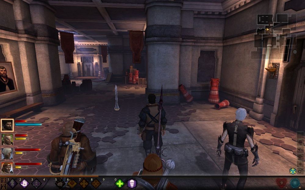 Screenshot of Dragon Age 2 in the interior of a run down estate. Default male Hawke is there with Varric, Aveline, and Fenris. In the middle of the dilapidated room is a great sword sticking blade-up out of the ground. Looking closer at Fenris, you can see he has no visible weapon equipped.