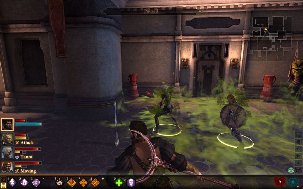 The party in combat with green, poisonous mist surrounding them in the same room as above. Fenris is in a fighting stance next to his sword yet still holds nothing.