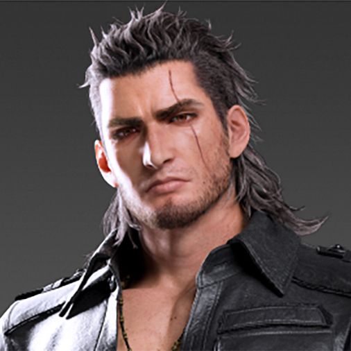 A portrait of Gladiolus Amicitia from Final Fantasy XV. He has a mullet with shaved sides.