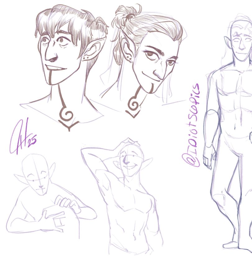 rough sketches of character busts with two different hair styles, and two rough character movement and interactions. 