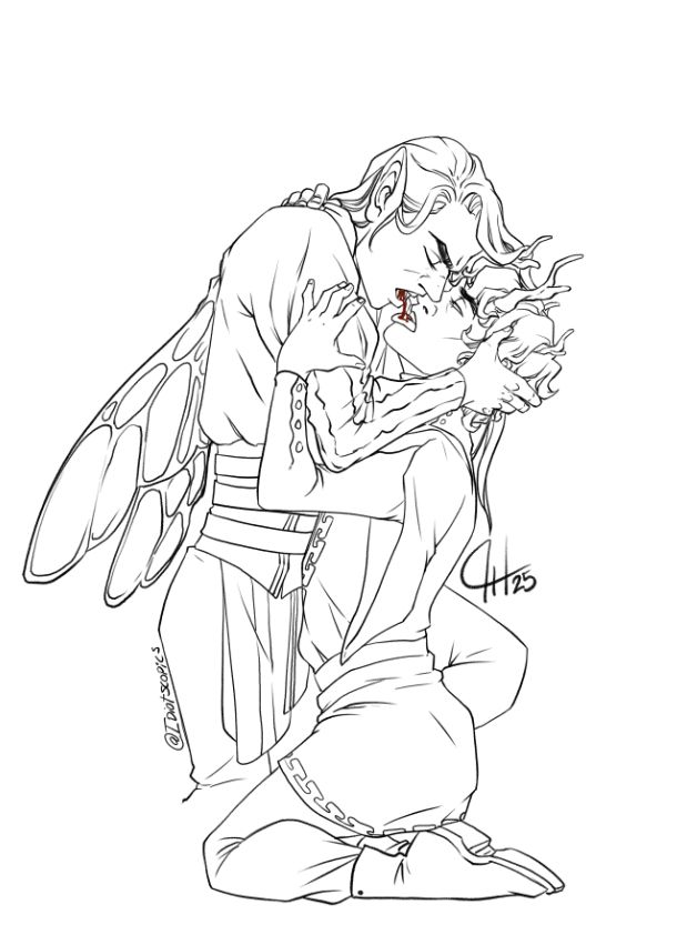 Sketch of two characters holding each other and almost kissing. 