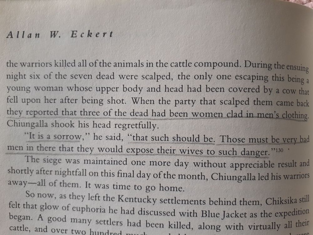 An excerpt from "A Sorrow in Our Hearts" explaining how colonial settelers were in a battle with the Shawnee tribe & as a decoy the colonial settlers sent women, dressed in mens clothing, out to the pasture to milk the cows. Chiungalla, once realizing this, states, "It is a sorrow that such should be. Those must be very bad men in there that they would expose their wives to such danger."