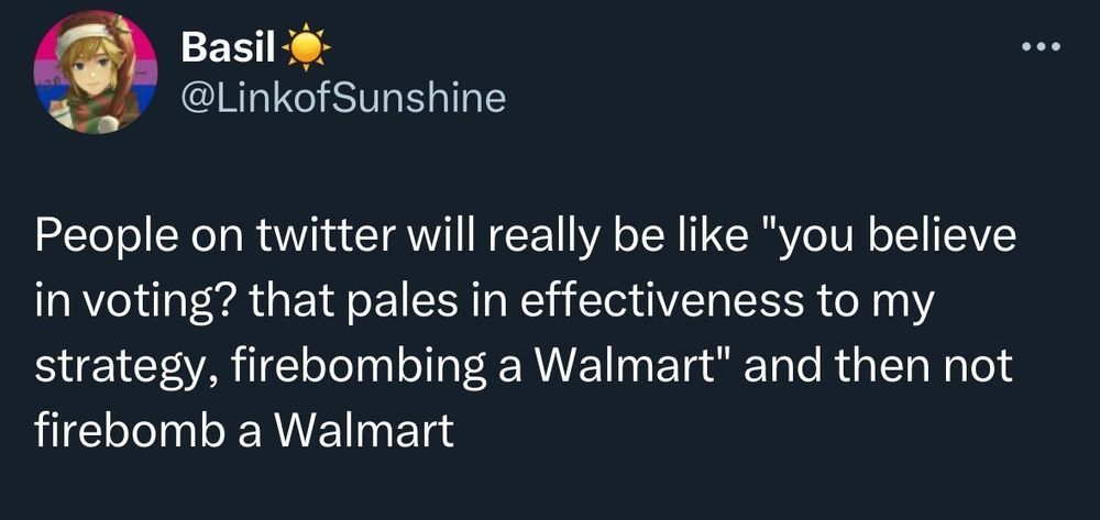 Screen shot of a tweet from Basil (Sun Emoji) @LinkOfSunshine with the following text:
'People on Twitter will really be like "you believe in voting? that pales in effectiveness to my strategy, firebombing a Walmart" and then not firebomb a Walmart'
