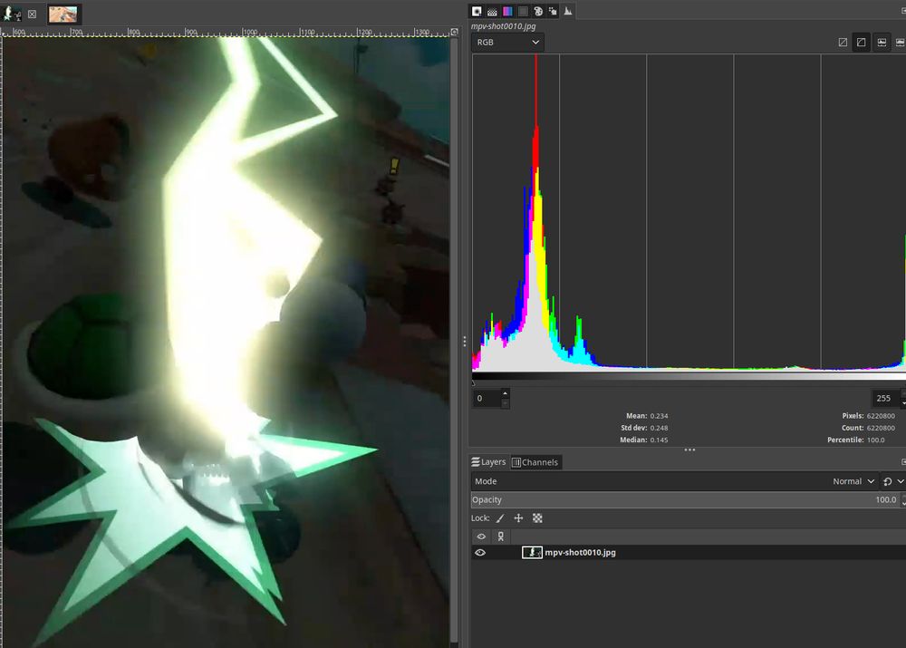 the same shortcut 2 frames after. the screen has darkened considerably to signify the Shock item i just received. the histogram couldn't look any different—i suspect you could use it to authoritatively conclude a shock has happened without any modding 