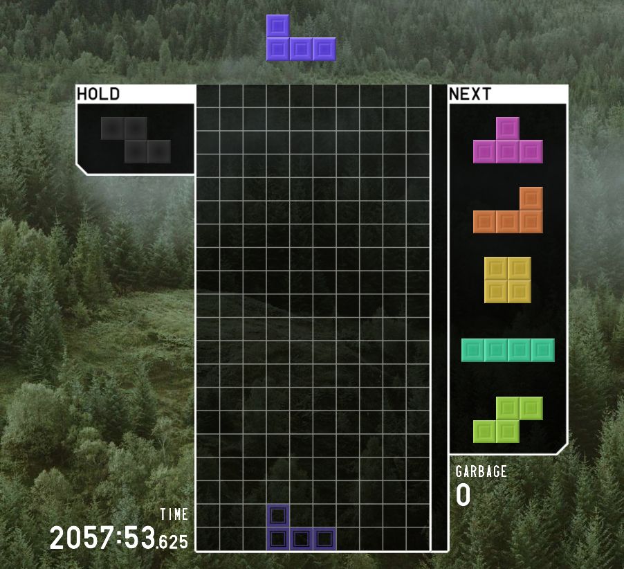 an empty https://TETR.IO/ board. the timer in the bottom left reads: 2057:53.625