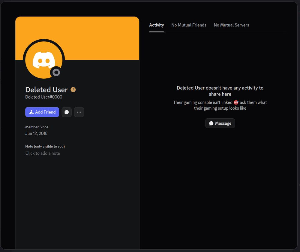 the new "Full Profile" popup, using Deleted User#0000 as an example. over half the screen is devoted to Activity (when blank it tries desperately to get you to message whoever you're looking at)