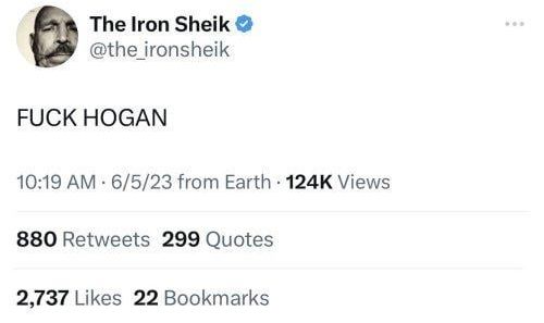 Tweet from the Iron Shiwk saying fuck Hogan. 