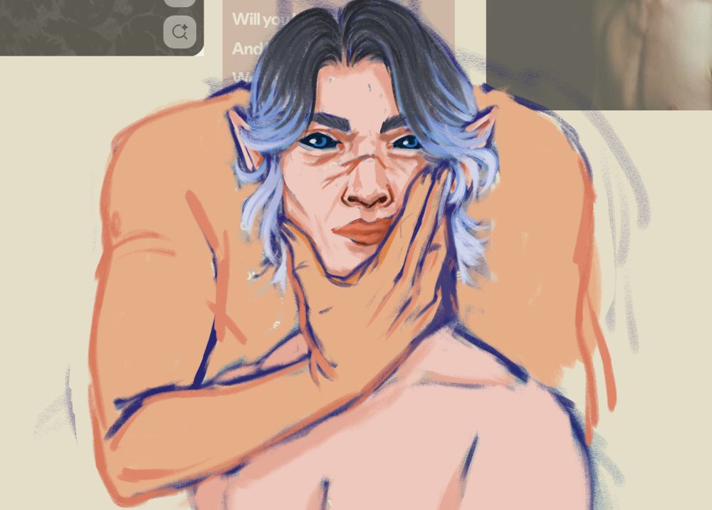 a white/pale pink elf with grey to light blue hair looking at the viewer. A figure behind him is reaching over his shoulder and holding his face.