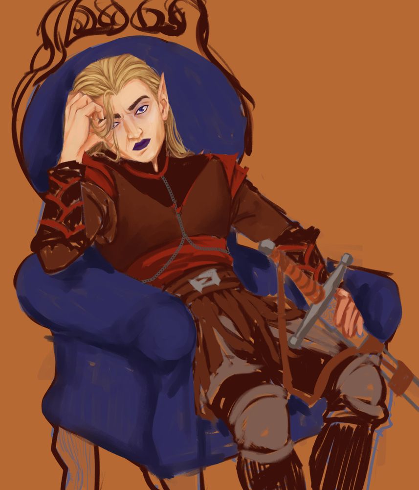a white elf with blonde hair lazily sitting on a blue chair. Wearing brown and red armour. They are leaning their head on a hand, glaring at the viewer. A sword leans on their leg.