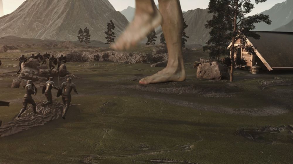 A giant prepares to crush an army