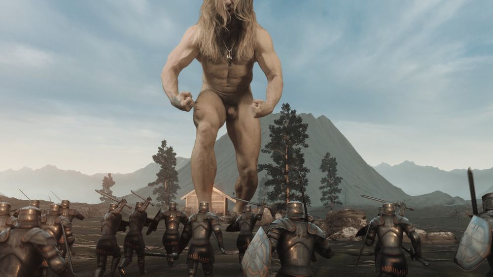 A giant prepares to crush an army