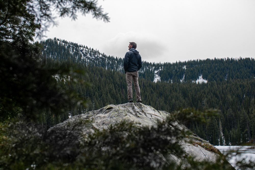 Landscape photo of a man standing on a large boulder. Trees in foreground and snowy mountain in background