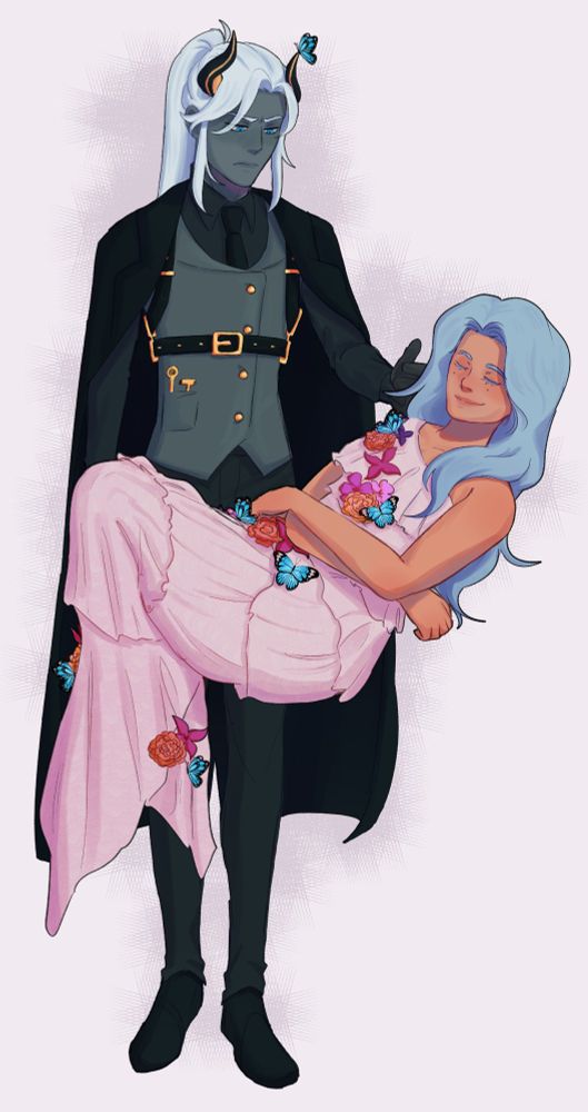 My OCs Thomas and Panambi. Panambi's sleeping in the air while Thomas looks at her with a worried and mildly annoyed face