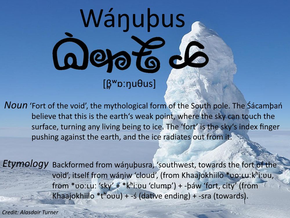 Wáŋuþus [β̞ʷɒːŋuθus]

Noun. ‘Fort of the void’, the mythological form of the South pole. The Śácamþań believe that this is the earth‘s weak point, where the sky can touch the surface, turning any living being to ice. The ‘fort’ is the sky‘s index finger pushing against the earth, and the ice radiates out from it.

Etymology: Backformed from wáŋuþusra ‘southwest, towards the fort of the void’, itself from wáŋiw ‘cloud’ (from Khaajokhiilo *ʋoːʟuːkʰiːʋu, from *ʋoːʟuː ‘sky’ + *kʰiːʋu ‘clump’) + -þáw ‘fort, city’ (from Khaajokhiilo *tʰoʋu) + -ś (dative ending) + -sra (towards).

Credit: Alasdair Turner