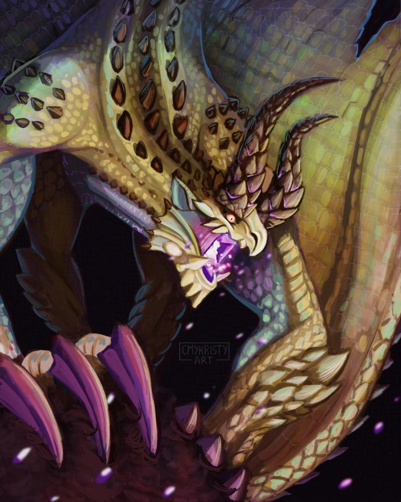 Drawing of the Elder Dragon, Shagaru Magala from Monster Hunter. Shagaru lands on top of an unknown furry beast using both wingarm hands and its forearms. Shagaru's mouth glows with bright purplish pink light.
