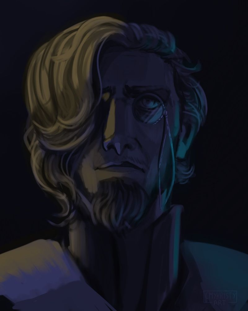 Scholar from the Elden Ring Nightreign DLC. A distinguished older gentleman with a monocle and long hair bang covering his other eye.