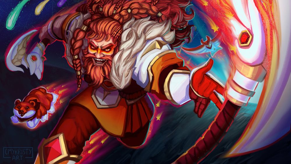 Drawing of a fan League skin, Star Guardian Olaf. He happily charges down a grassy field as team reinforcements strike down from the sky like meteors. His two familiars, a water bear (bear-tardigrade) and a bird of prey fly in spirit behind him. Olaf is throwing his wing-themed axe forward.