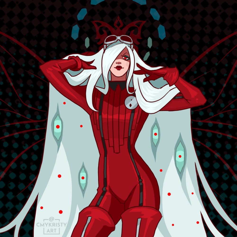 Jeanne from Bayonetta 2 posing with magical eyes poking out from her long hair. Madama Styx's crown and wings are behind her.