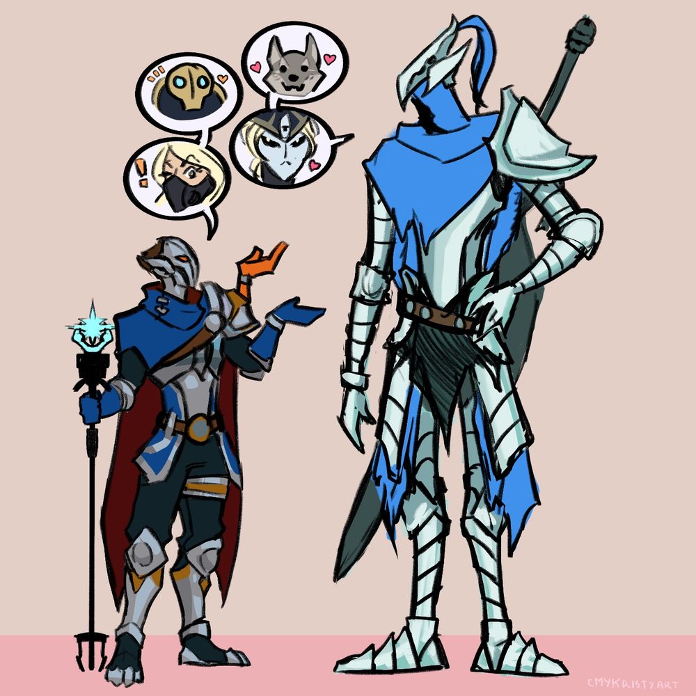 Drawing of Viktor (LoL/LoR) and Artorias (DS) talking about their precious inhuman companions too good for this world that they'll throw down their life for (Blitzcrank and Sif) and also their ride-or-die blonde masked homicidal scary lady work partners (Mechanized Mimic and Ciaran)