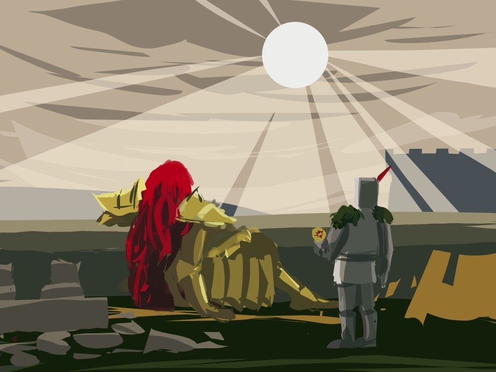 DS1. A jovial sunlight warrior enters the broken Sunlight Altar area to offer a new Sunlight Medal. He happens upon an old lion knight, who is basking in the sun before he finally leaves the kingdom.
