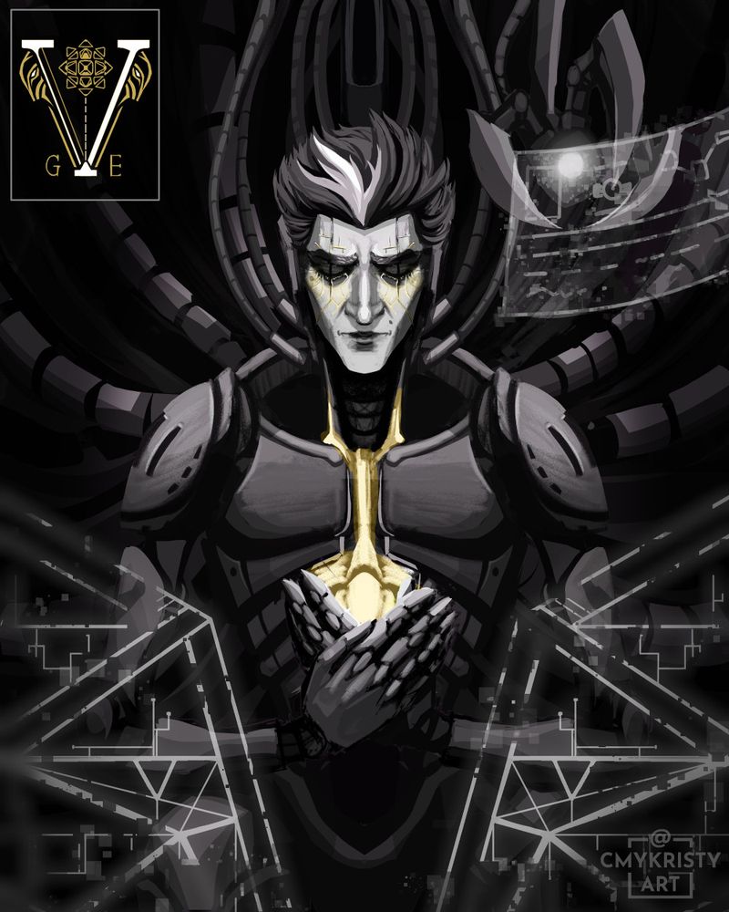 Fan art of Viktor the Machine Herald from League of Legends in a fan-design mech AU. Viktor is resting inside the inner cockpit of a mech with his back fully connected to a mass of wires branching outwards. The hex claw analyzes a projected UI. Viktor's pilot emblem is a V with 2 Machine Herald masks on either side, the Hexcore, and "G. E." at the bottom for Glorious Evolution. A digital eye projection of a herald mask is in front of him.