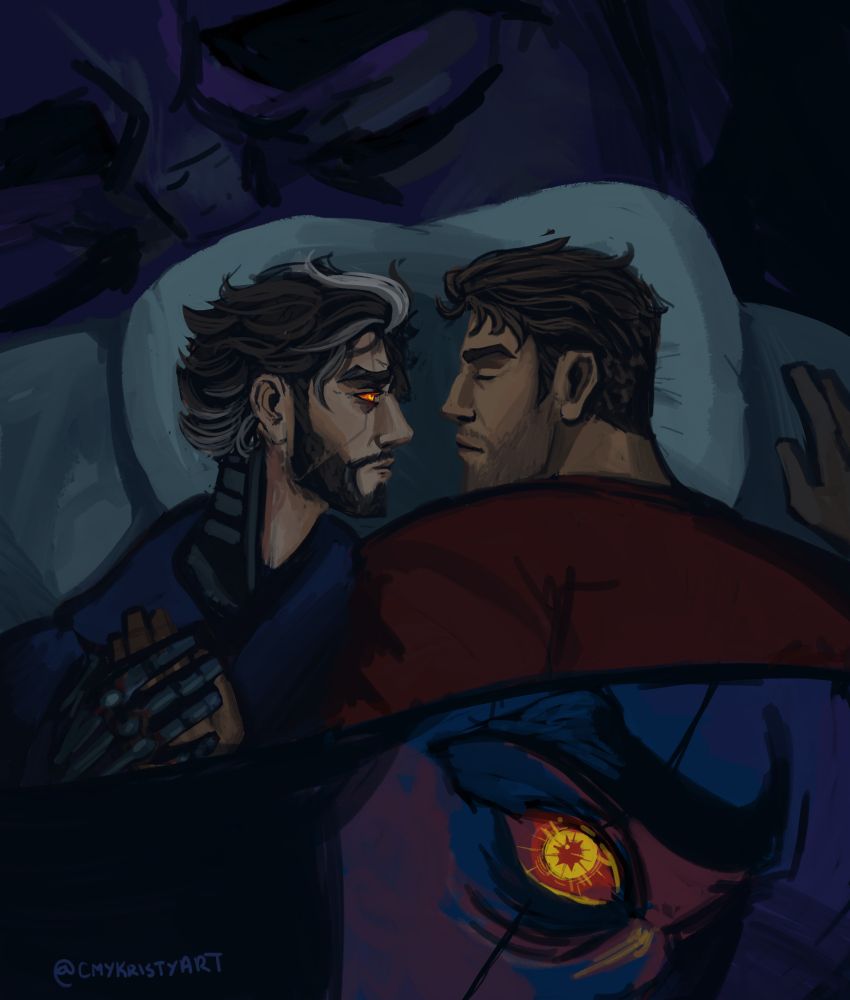 Fan art of Viktor the Machine Herald and Jayce the Defender of Tomorrow comfy in bed at night. Jayce is sound asleep with a hand on Viktor's chest, who in turn holds the hand and watches Jayce sleep. There's a close up drawing of Jayce's eyes and another of one of Viktor's augmented eyes glowing intensely in the dark 