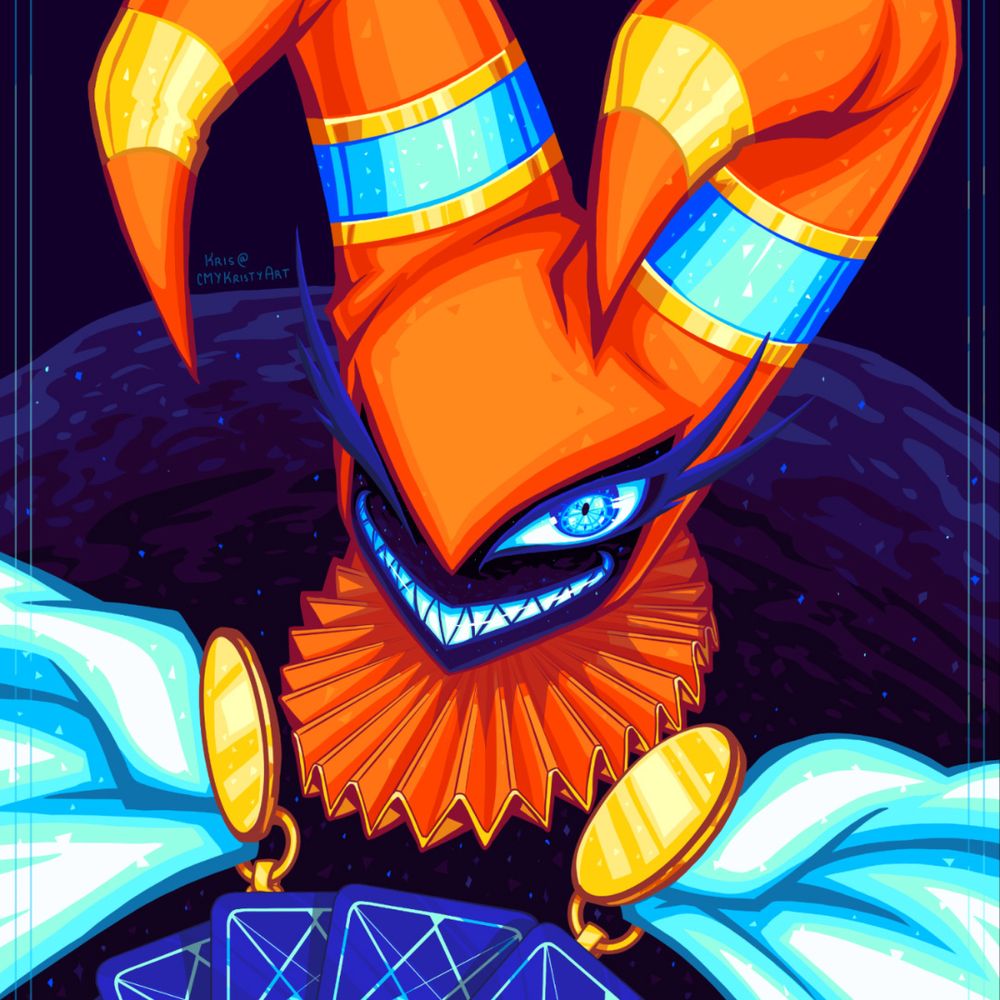 Cropped drawing of Jackle from NiGHTS into Dreams holding cards. He has a starry, cosmic sky within the inside of his mantle and jester hat.