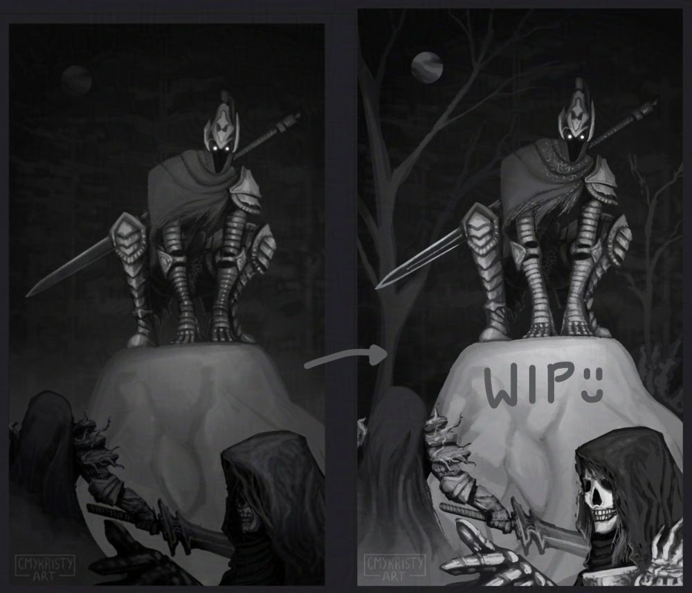 Drawing of Artorias and two Darkwraiths from Dark Souls. Artorias is perched on a rock in a dark forest and his eyes glow under his hood as white dots similar to a wolf caught on a trail camera. He peers down at a group of Darkwraiths that are getting ready to fight him.