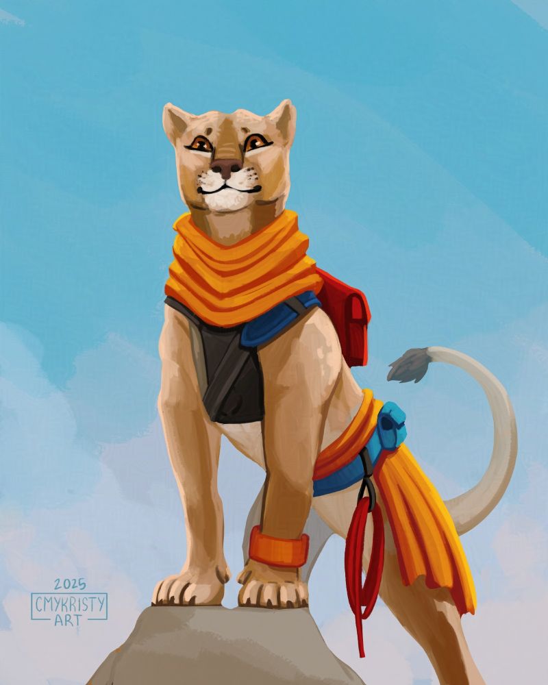 Shakura, an anthropomorphic lioness stands with her front paws on a rock looking cheerful. She wears an orange shawl, orange waist sash, and blue utility belt. She has a small vest with a red backpack attached to a sling over her shoulder. Her utility belt has red rope hanging from it.