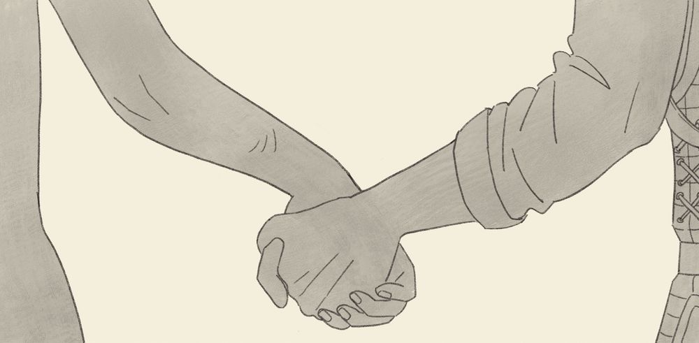 Comic panel of a close up of Maël and Giroflée holding hands. 