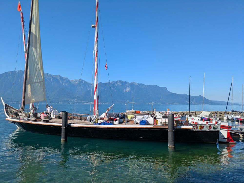 The Demoiselle, a replica of a Lake Geneva cargo boat of 1834. Today it carries children as an adventure outing, crewed by volunteers. 