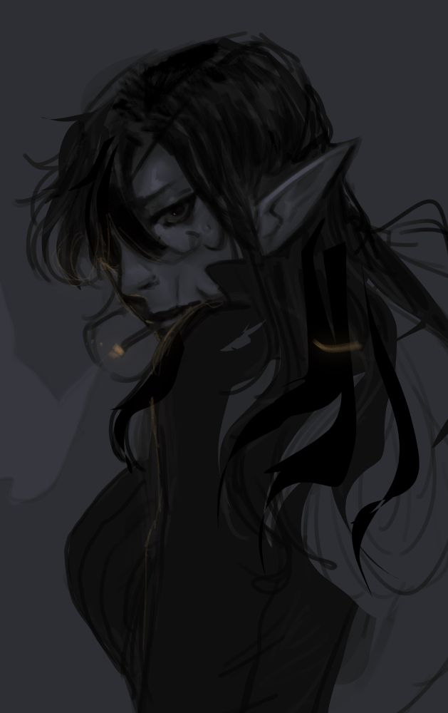 elf lady smokes a cigarette looking at the viewer. 