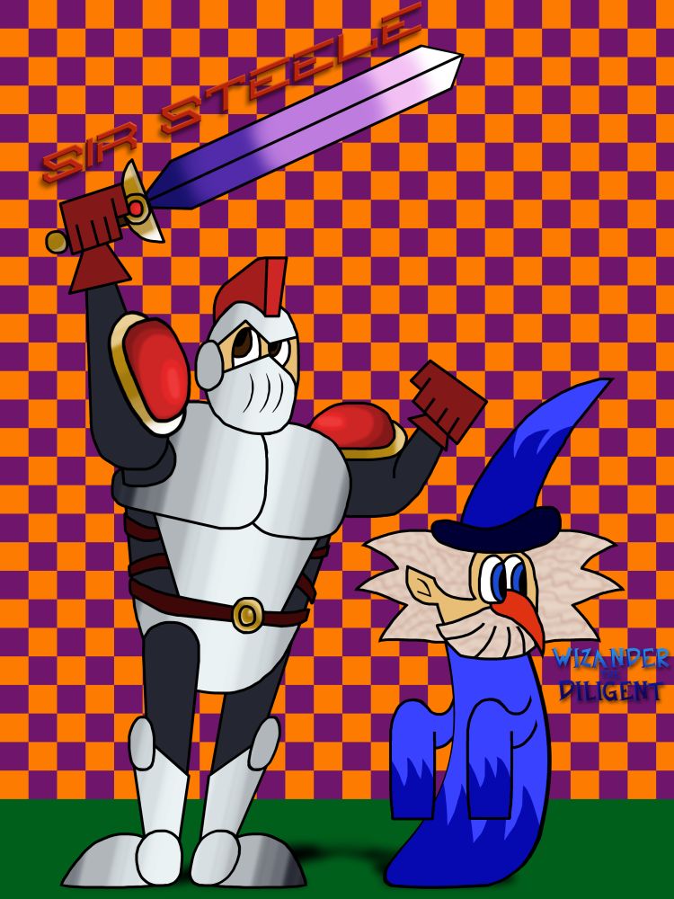 One-sentence summary: A cartoon illustration depicts a knight, Sir Steele, wielding a large sword alongside Wizander the Diligent, a wizard, set against a vibrant orange and purple checkered background.

Detailed description:
*The illustration features two main characters:
**Sir Steele: A knight clad in gleaming silver armor with red accents. His armor includes a red mohawk-like helmet, red pauldrons (shoulder guards), and red gloves.  His face is partially obscured by a white mask.  He is powerfully built and holds aloft a large, purple-and-blue sword with a golden hilt.  His posture suggests strength and determination.
**Wizander the Diligent: A wizard with shaggy, light tan hair, large blue eyes, and a long, pointed red nose. He wears a tall, pointed blue hat and a flowing blue robe. The lower portion of his robe displays flame-like patterns at the hems. His expression is somewhat mischievous or playful.  The name "Wizander the Diligent" is written in stylized lettering next to him.
The background is a bold checkered pattern of alternating orange and purple squares, providing a stark contrast to the characters. The bottom edge of the image features a narrow strip of dark green ground.  The overall style of the artwork is reminiscent of retro video game graphics, with solid, flat colors and simple outlines. The image has a light-hearted and playful atmosphere, despite the knight's imposing presence. The mood is positive, perhaps suggesting a collaborative or amicable relationship between the knight and the wizard.