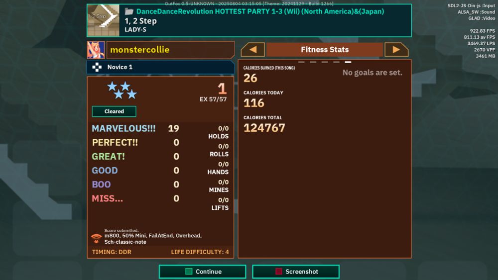 The same results screen, but showing that, if I had played on foot instead of computer keyboard, I would have burned 26 calories while playing this song, 116 calories today, and 124767 calories total in my entire time playing Outfox. Not pictured is that I've played 1805 songs, and second place is my roommate Rubyx with 1443 songs.