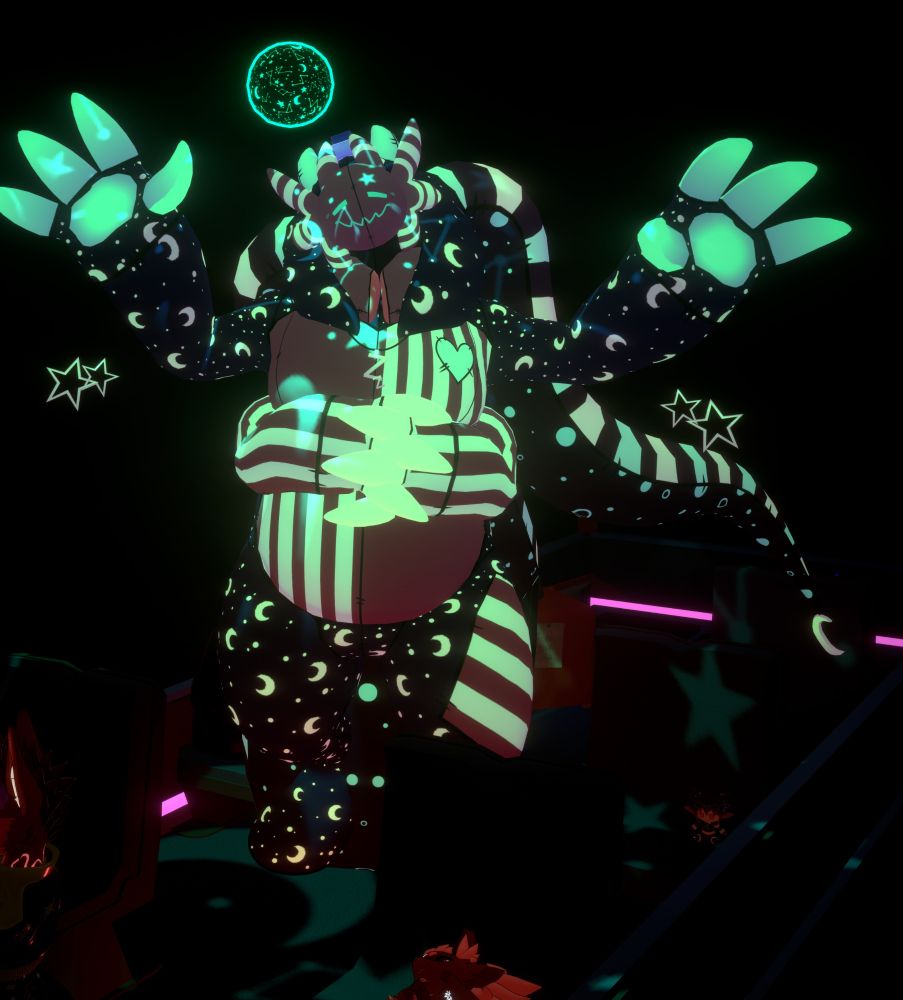 A giant heavy set plushy monster that's glow in the dark. It has four arms, and a plush mask.