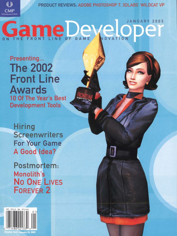 A cover of Game Developer, showing Cate Archer from No One Lives Forever holding the Game Developer Front Line Award.