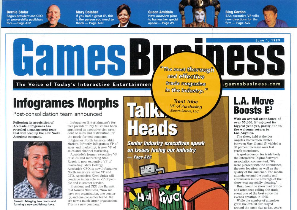 The cover of Games Business, featuring interviews with Bernie Stolar, Bing Gordon, and Mary Dolaher. Top headlines include "Infogrames Morphs" and "L.A. Move Boosts E3."