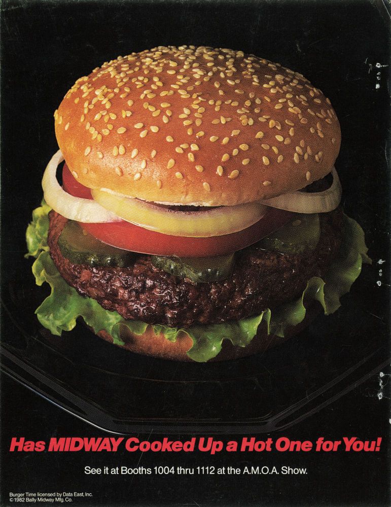 A flyer for the game BurgerTime. It's a big picture of a hamburger with the caption "Has Midway cooked up a hot one for you!"