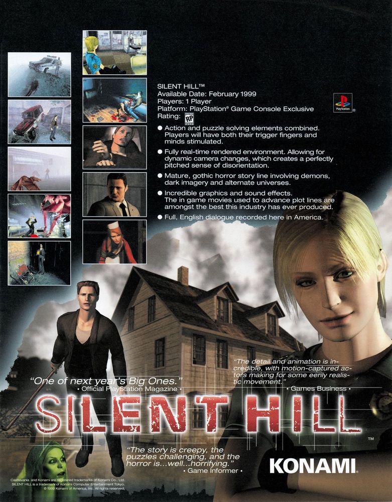 A large-format ad for Silent Hill, advertised as a "PlayStation Game Console Exclusive." Features include "Action and puzzle solving elements combined," "Fully real-time rendered environment," "Mature gothic horror story line," "Incredible graphics and sound effects," and "Full, English dialogue recorded here in America."